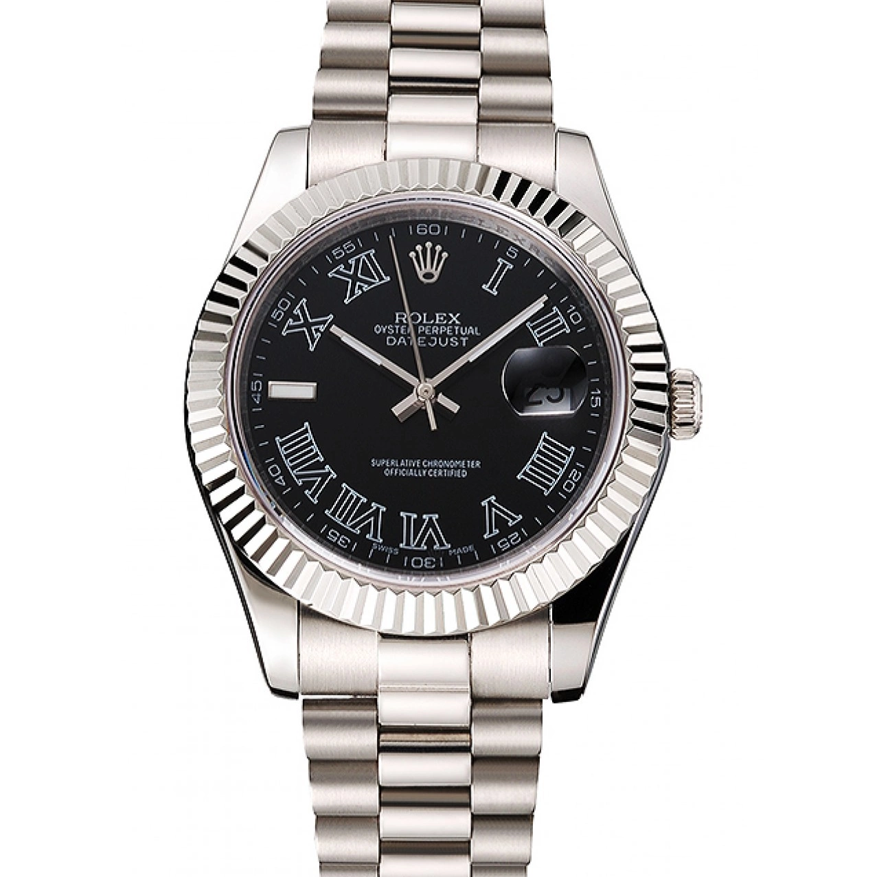 Roman And Datejust Black Swiss Numerals Dial Rolex Case Stainless Steel Bracelet 0806